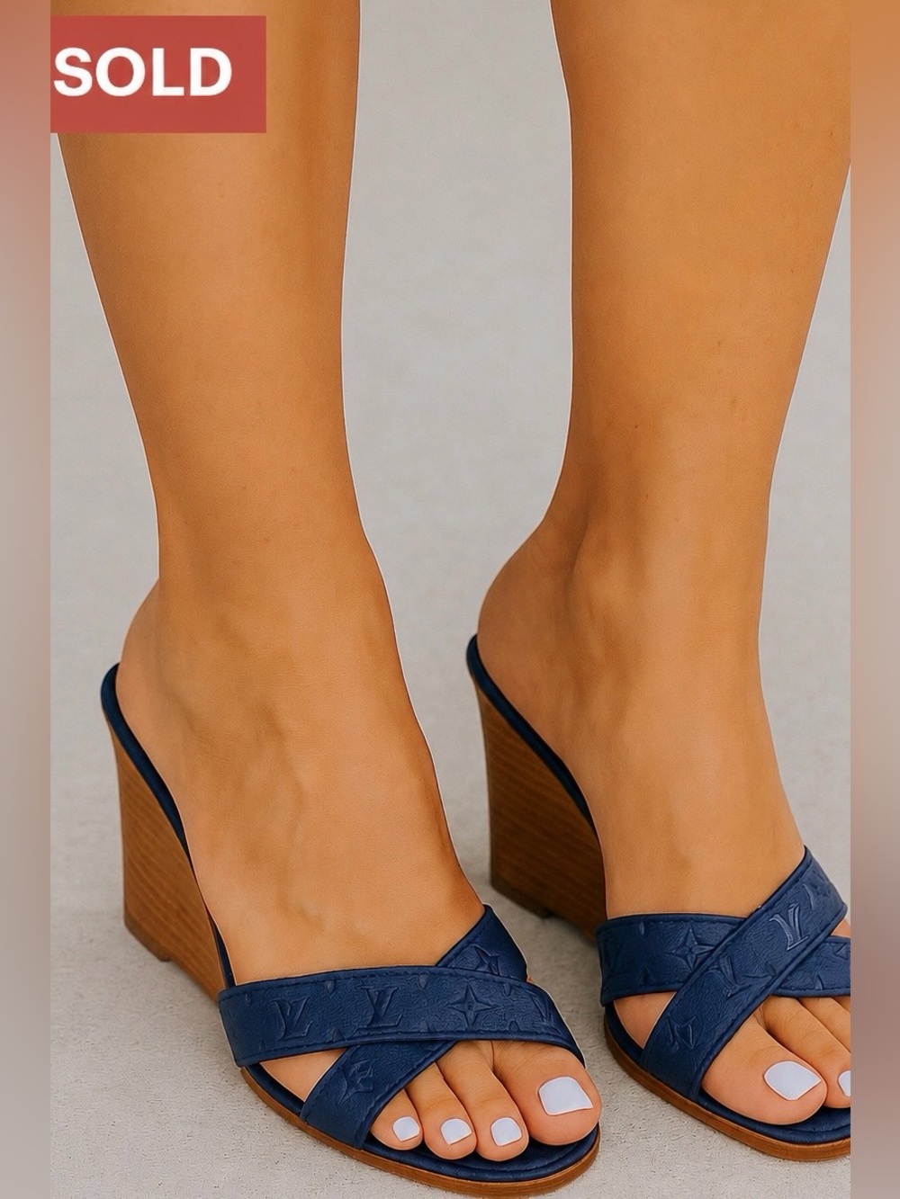 Louis Vuitton Navy Monogram Leather Wedge Sandals | Wood Heel Crisscross Slides